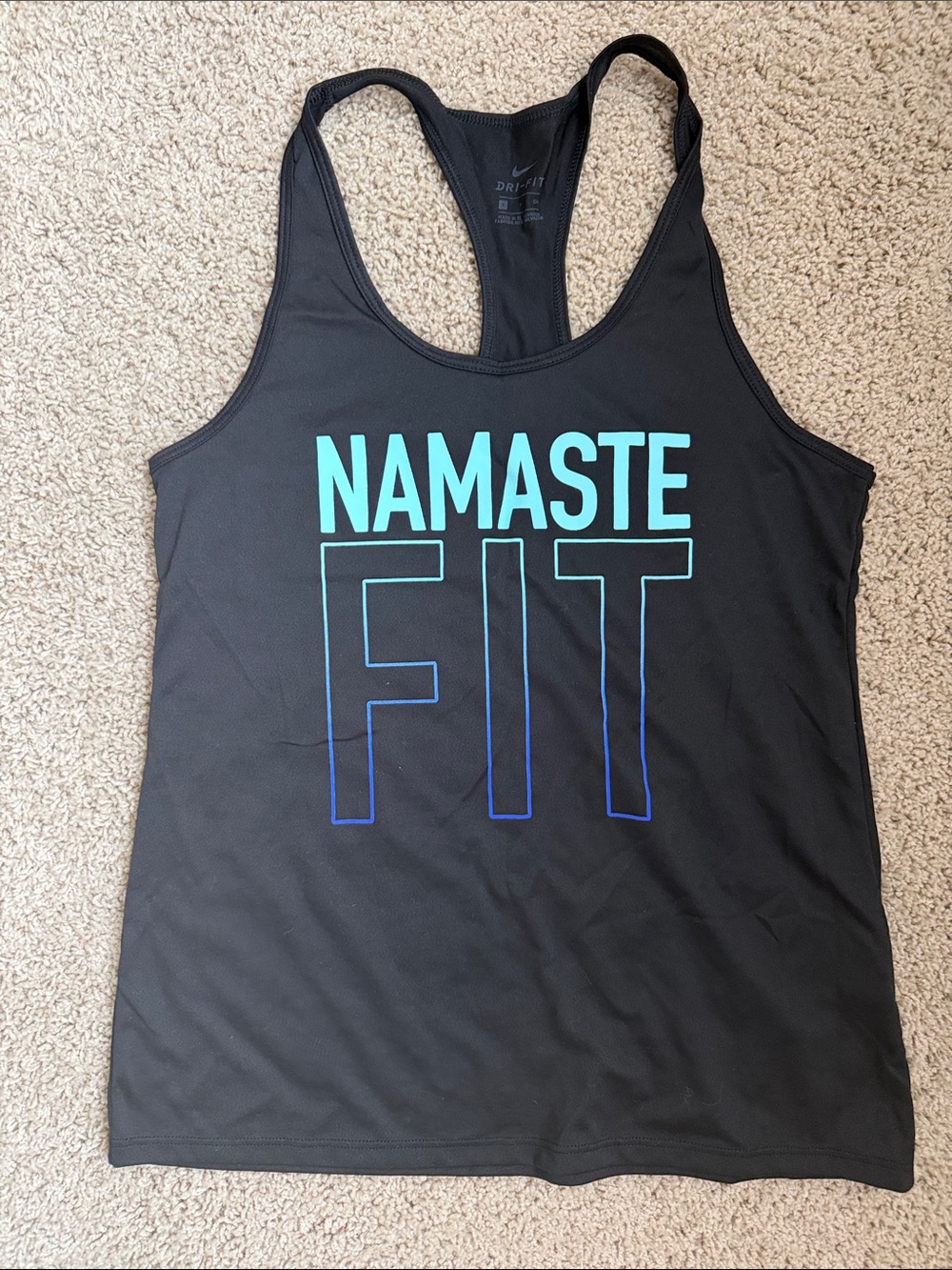 Nike Black Racerback Tank with Teal and Blue 'NAMASTE FIT' Graphic